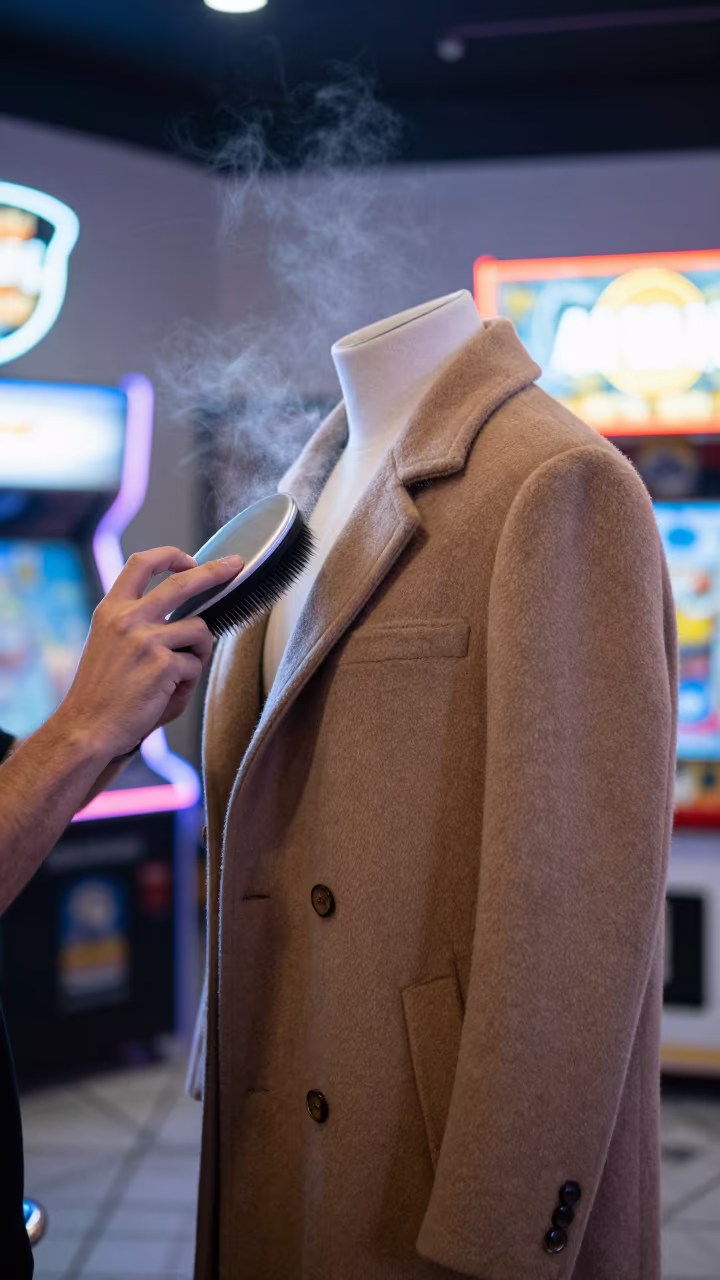 Stylist Grooming Camel Coat in Neon Muscat Arcade in along a neon-lit arcade in Muscat