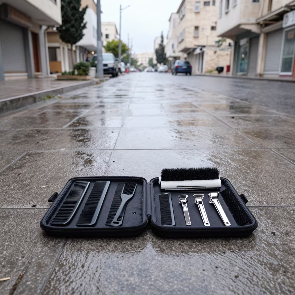 Stylist Kit on Rainy Aleppo Sidewalk in on a rain-darkened city sidewalk in Aleppo