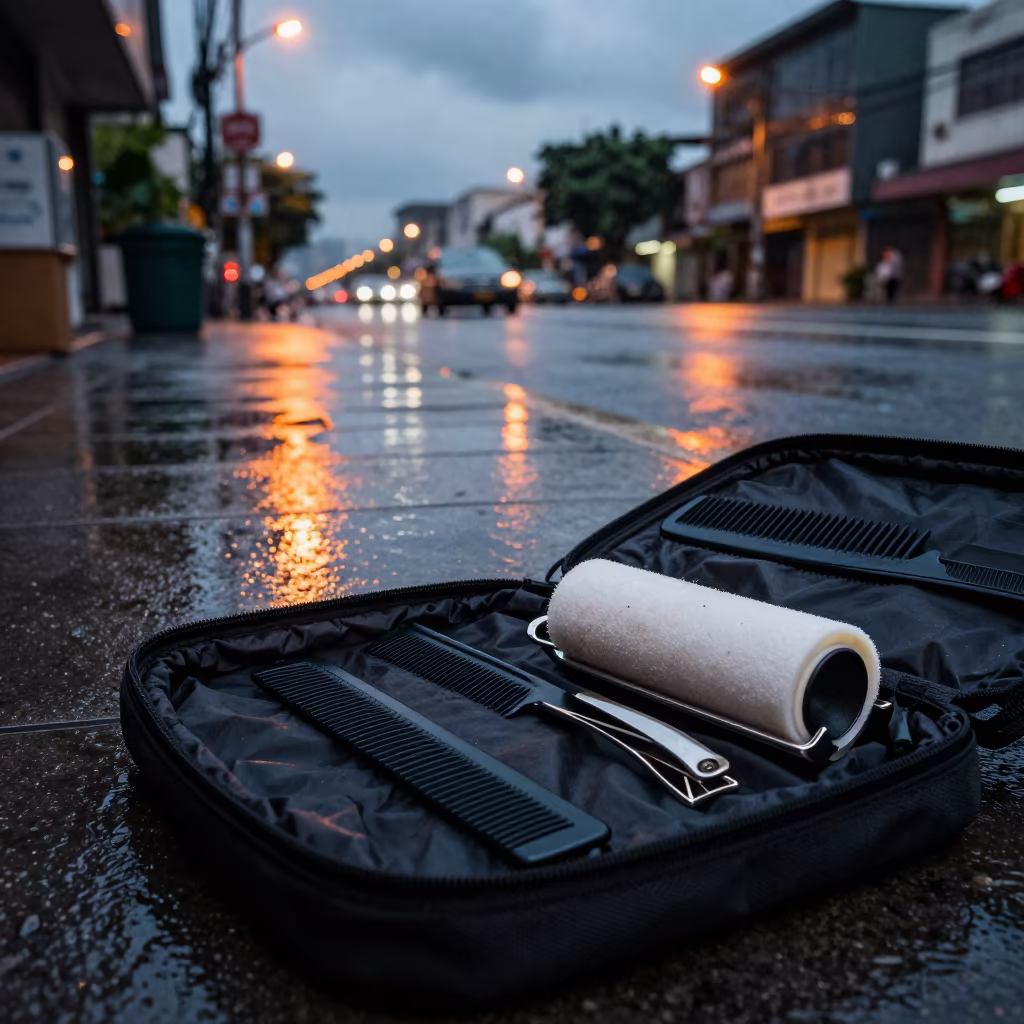 Stylist Kit on Rainy Phnom Penh Sidewalk in on a rain-darkened city sidewalk in BKK1, Phnom Penh
