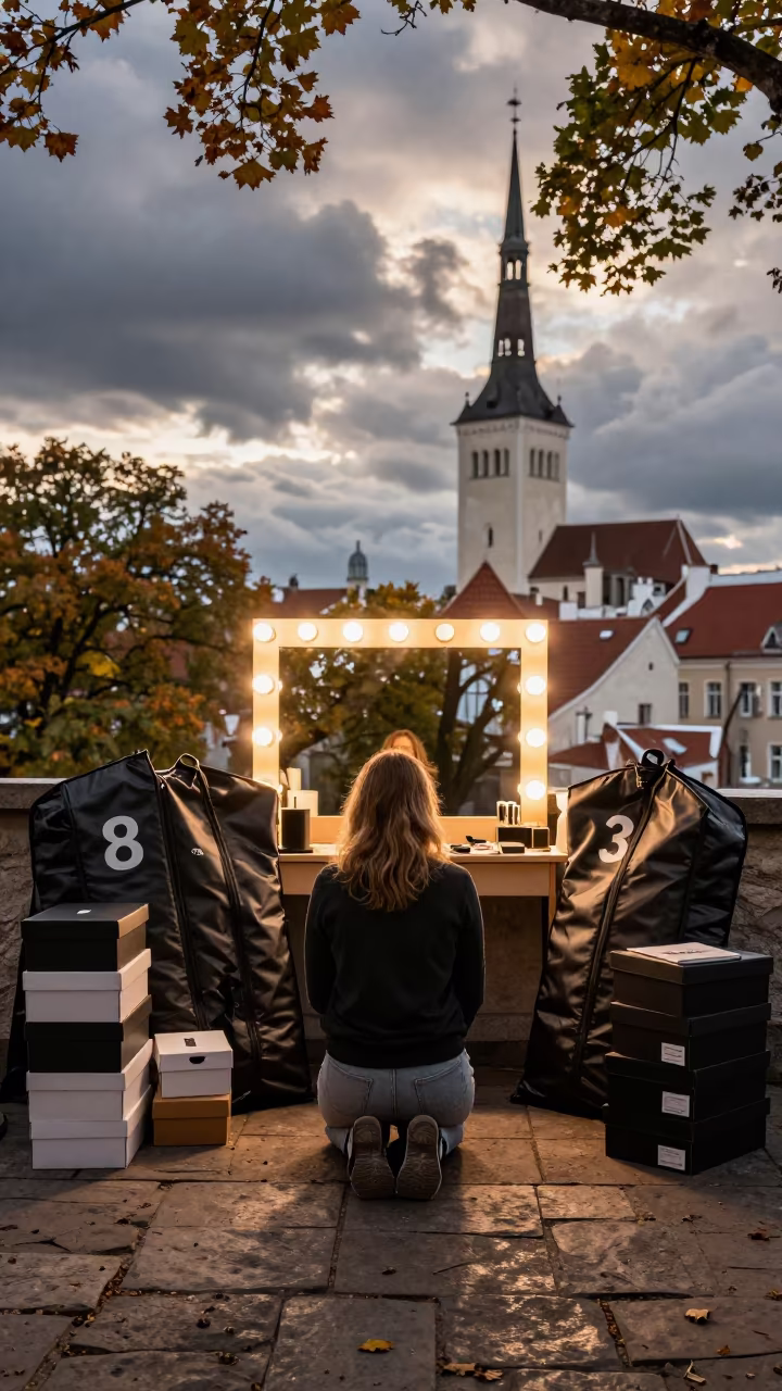 Stylist Kneeling Among Bags in Tallinn Mirror in beside a mirror lined with makeup bulbs in Old Town, Tallinn