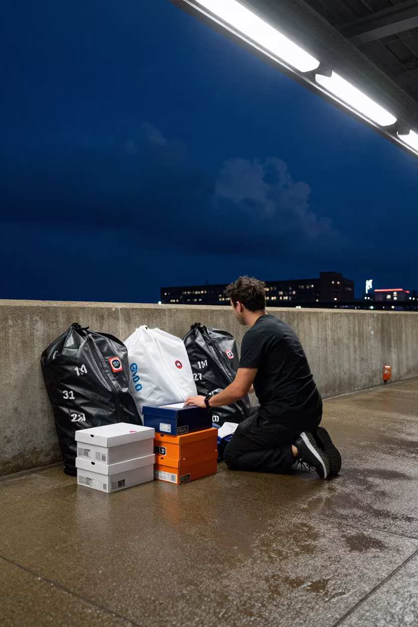 Stylist Kneeling by Harbor Wall Night in against a wind-beaten harbor wall in Milwaukee