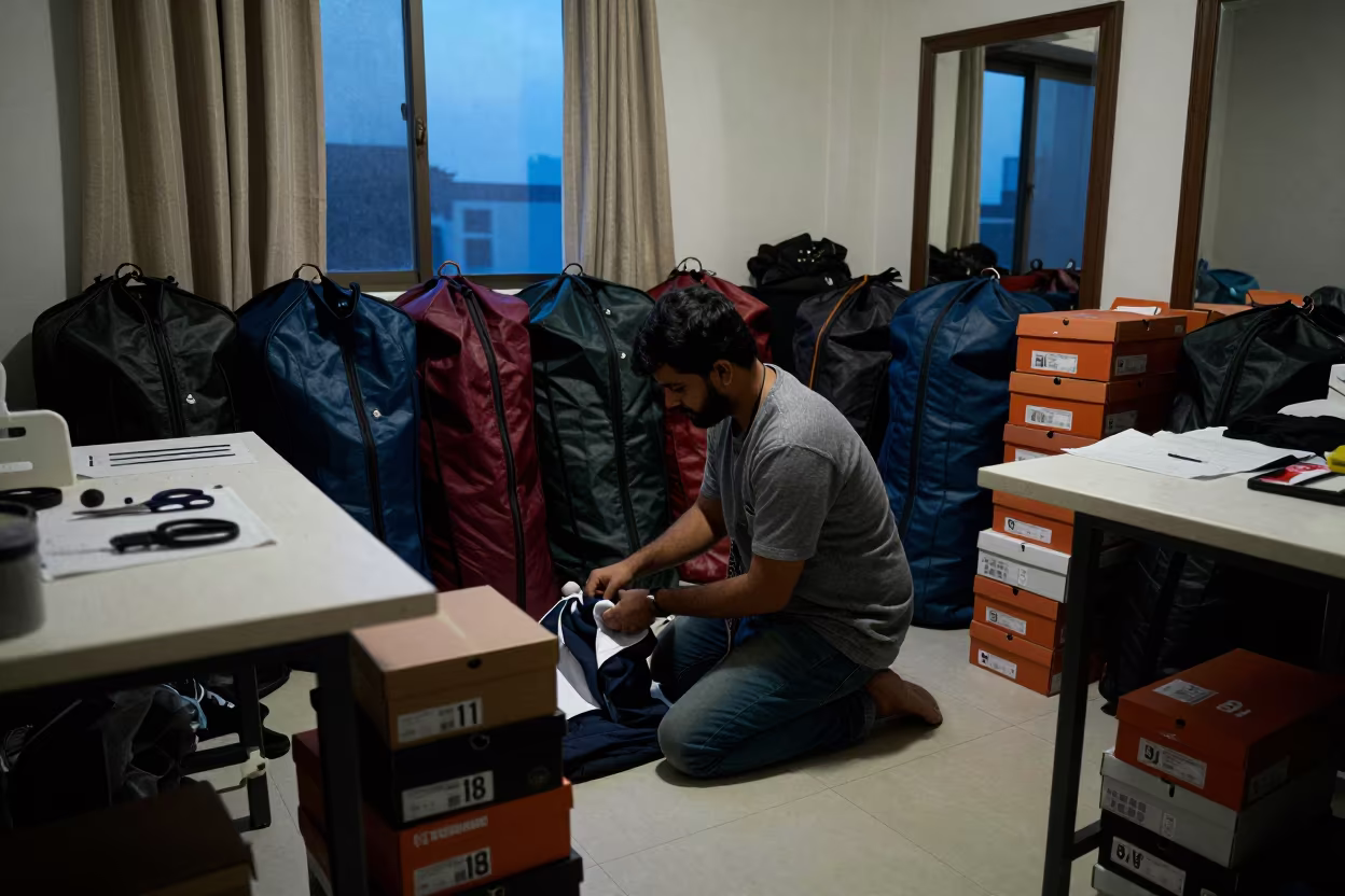 Stylist Kneeling Among Garments Before Dawn in at a tailoring table strewn with chalk and shears in Navi Mumbai