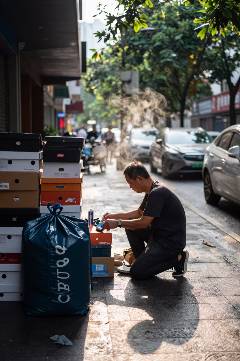 Stylist Kneeling Among Shoe Boxes Before Sunrise in on a rain-darkened city sidewalk near Guiyang