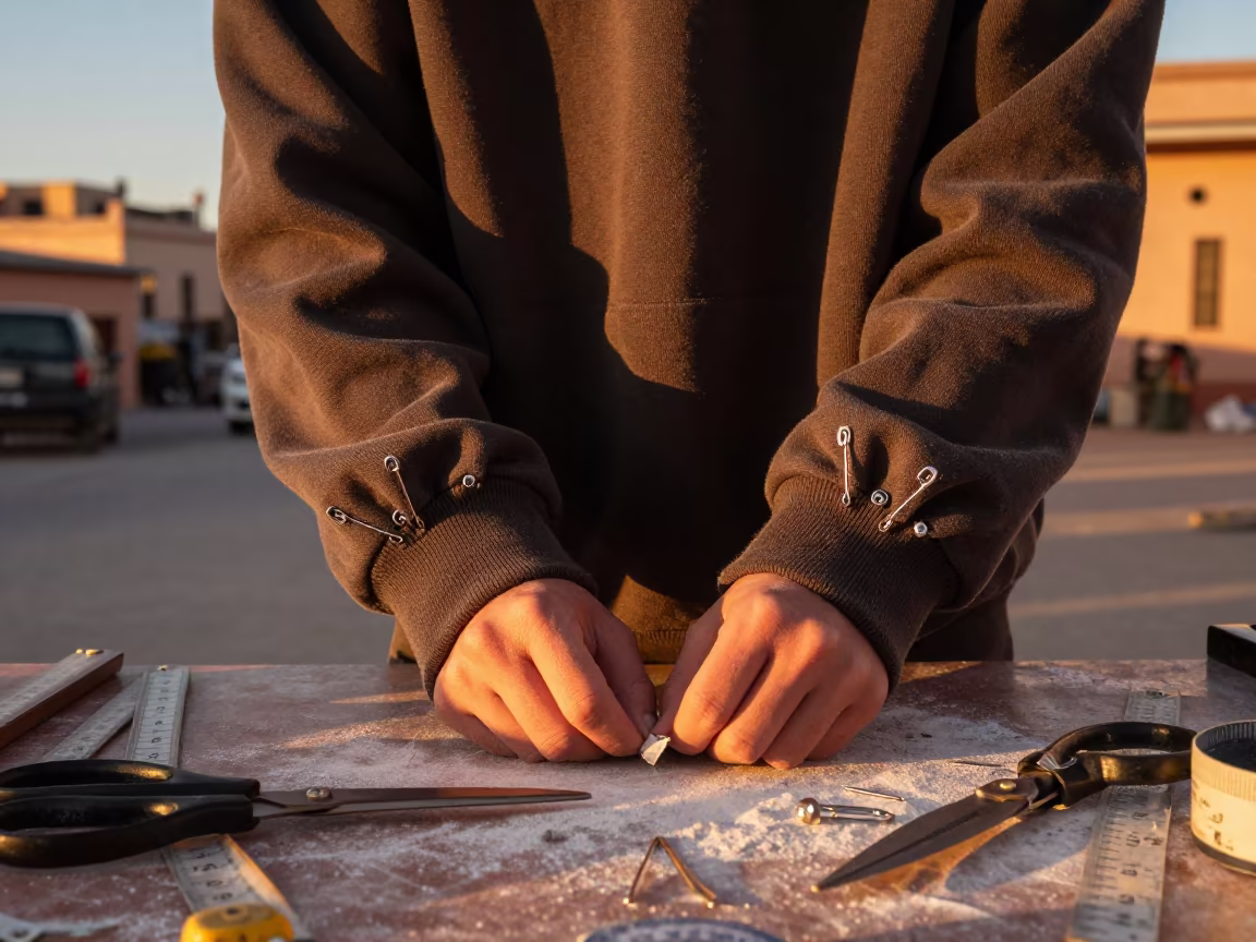 Stylist Pinning Cuffs in Kenitra Sunset in at a tailoring table strewn with chalk and shears in Kenitra