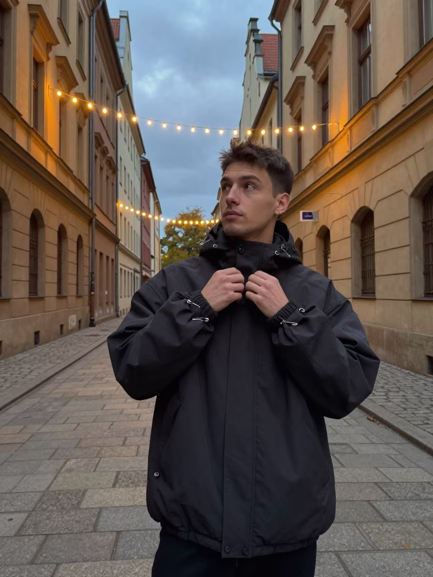 Stylist Pins Oversized Cuffs in Leipzig Lane in in a stone lane between old facades in Leipzig