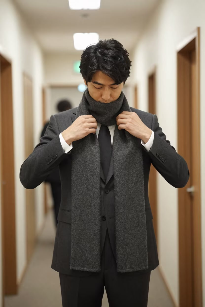 Stylist Pins Wool Scarf on Sharp Suit in in a backstage changing corridor in Hiroshima