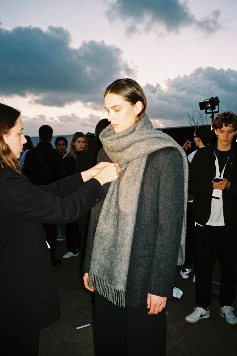 Stylist Pins Wool Scarf on Tailoring Runway Rehearsal in under runway rehearsal lights in Utrecht