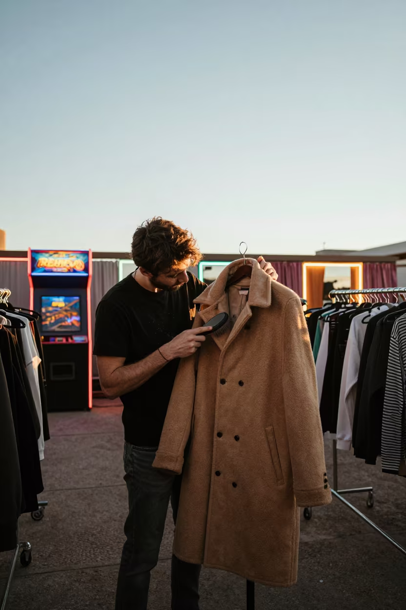 Stylist Removes Lint From Camel Coat Under Neon in along a neon-lit arcade in Phoenix