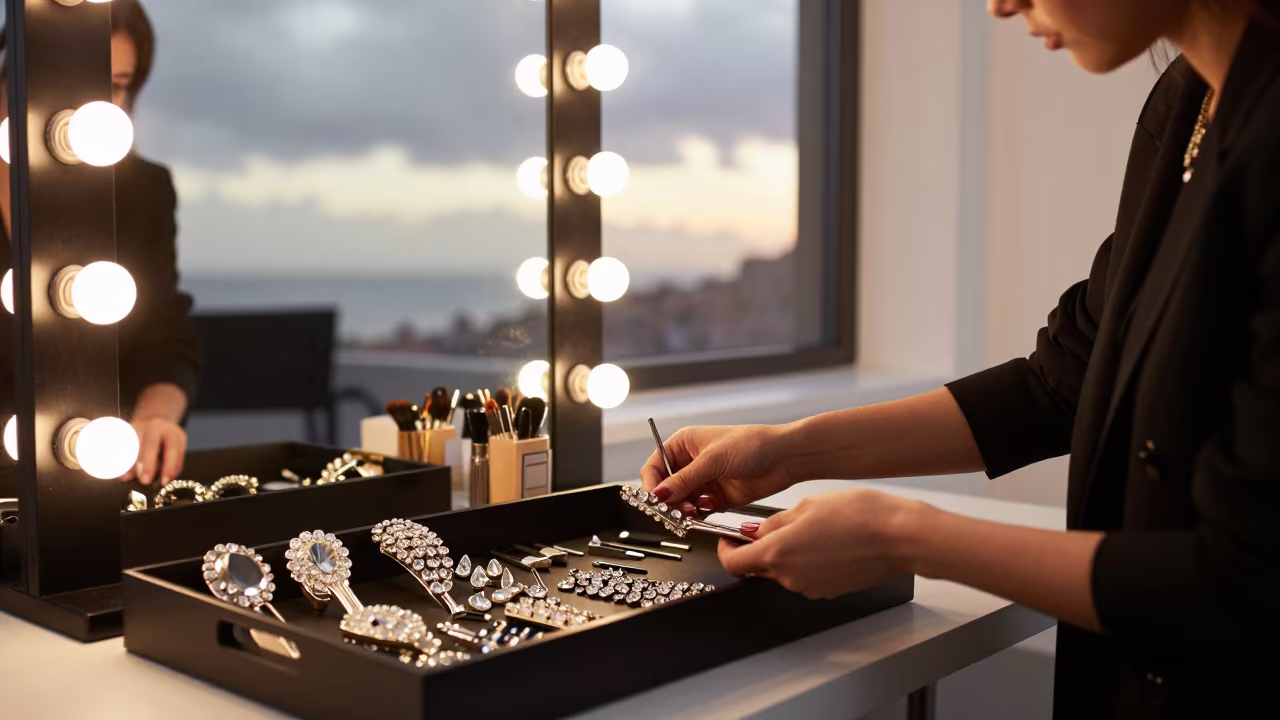 Stylist Sorting Crystal Clips in Qingdao Mirror in beside a mirror lined with makeup bulbs in Qingdao