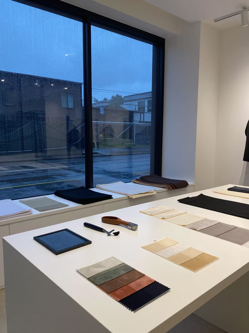 Stylist Station Window Indigo Winter Light in inside a minimalist showroom near Maxixe