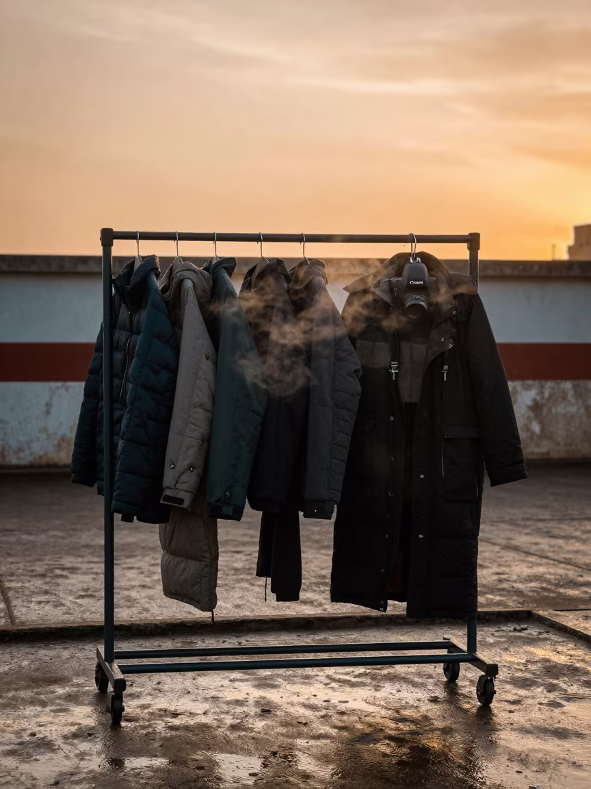 Stylist Steaming Outerwear Lusaka Harbor Sunset in against a wind-beaten harbor wall in Lusaka