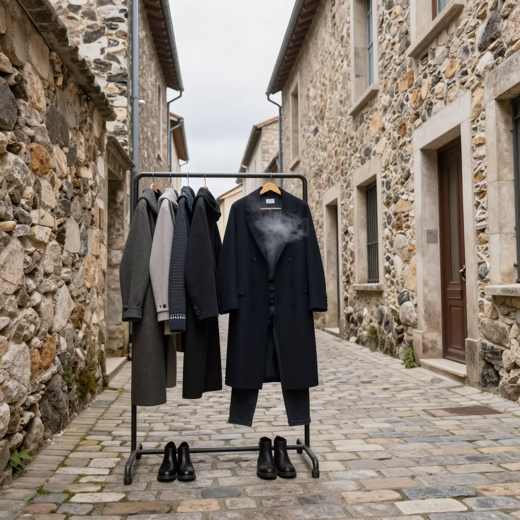 Stylist Steaming Outerwear Saint-Marc Stone Lane in in a stone lane between old facades in Saint-Marc