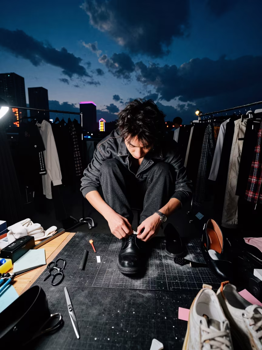 Stylist Taping Soles Late Night in Lanzhou in at a tailoring table strewn with chalk and shears in Lanzhou