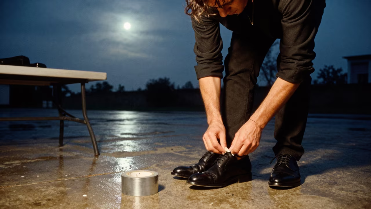Stylist Taping Soles Under Rain Night in under runway rehearsal lights in Veracruz