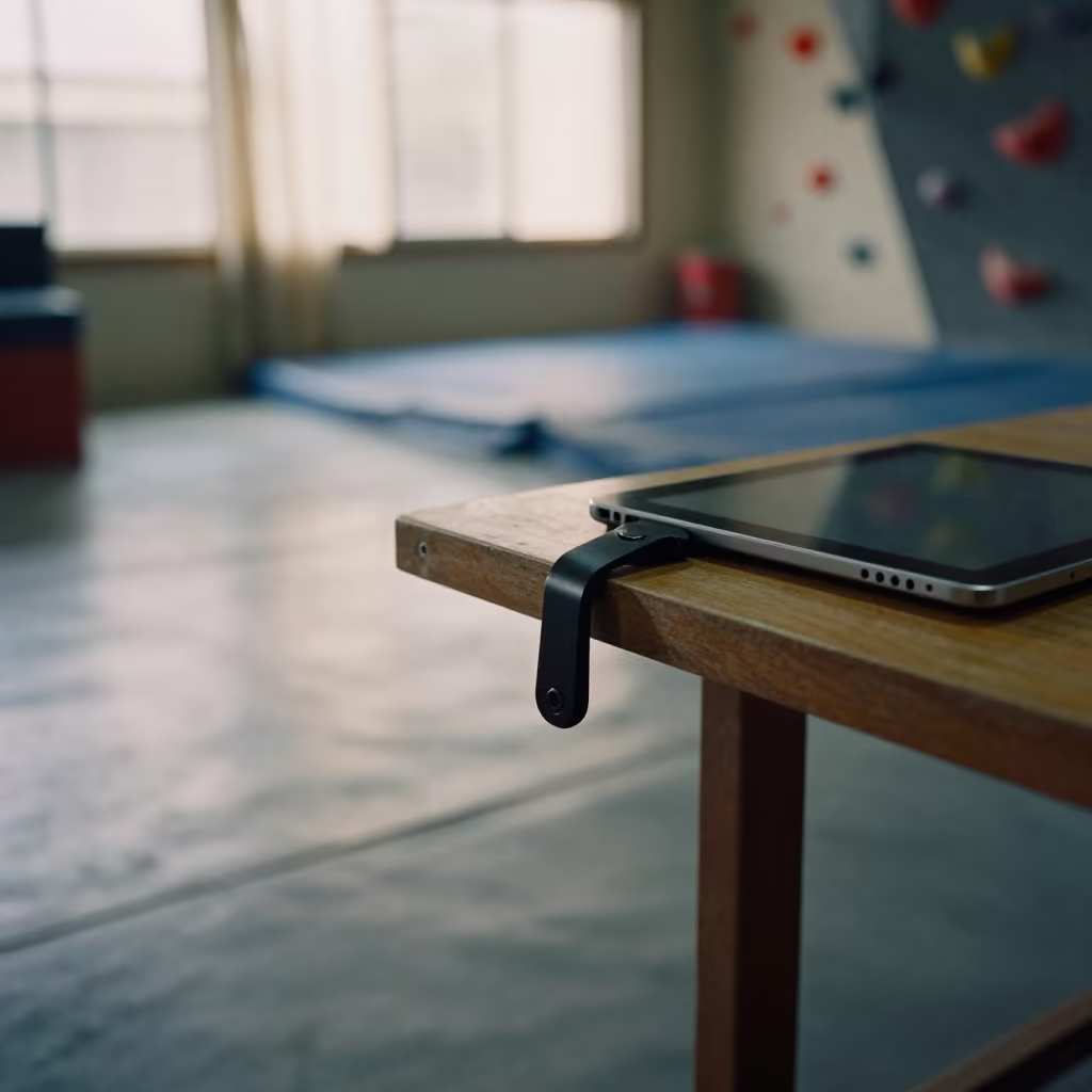 Stylus Clip on Desk During Gym Warmup in inside a climbing gym warmup zone near Yavatmal