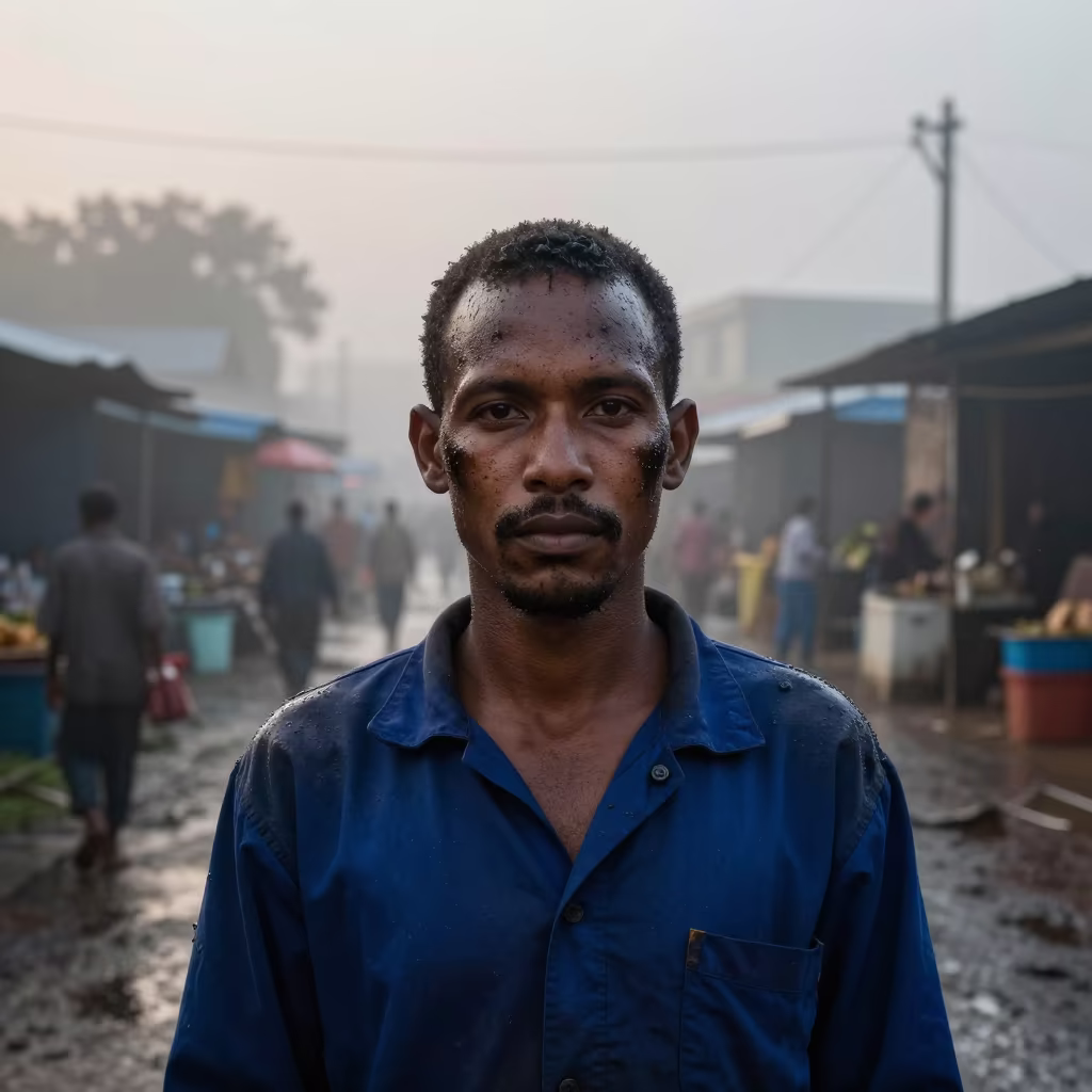 Submarine Mechanic with Oil Smudges in Misty Market Lane in along a market lane in Antsirabe
