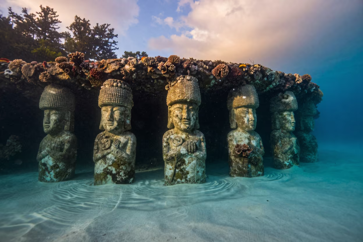 Submerged Statue Garden Coral Faces Under Reef in beneath a reef ledge in tropical shallows near Zanzibar