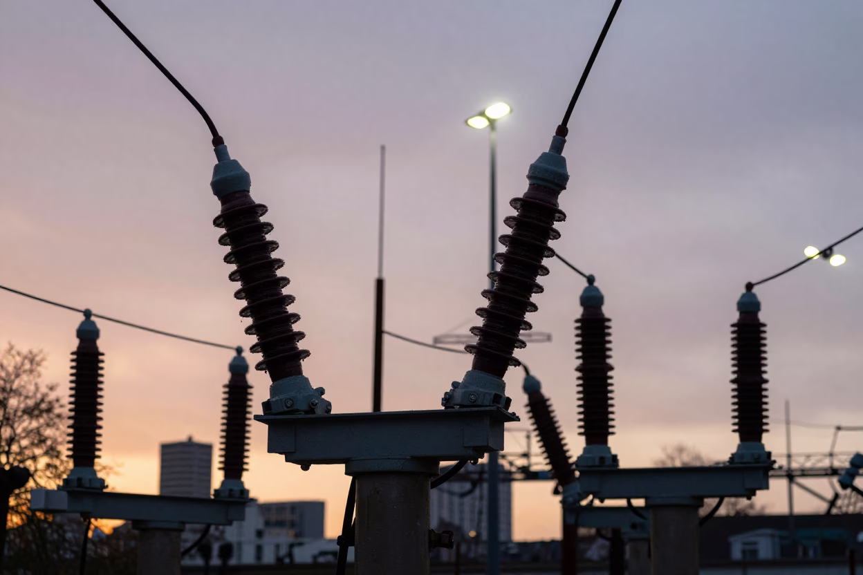 Substation Insulators Sparkling in London at Sunset Light in in London, United Kingdom