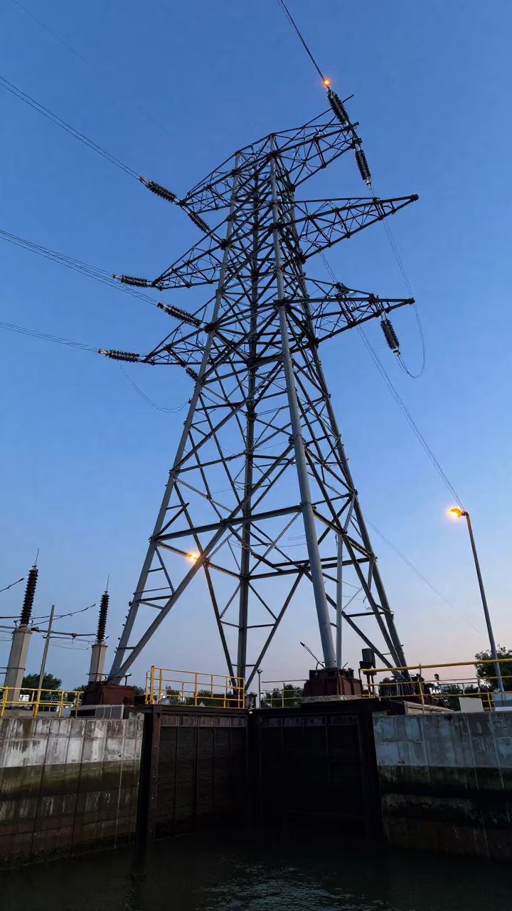 Substation Lattice Under Cobalt Twilight Sky in at a canal lock chamber near Innsbruck