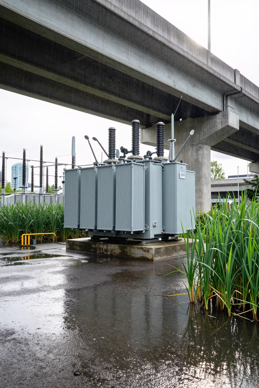 Substation Transformer Over Vancouver Marsh Midmorning in across a windy overpass interchange in Vancouver