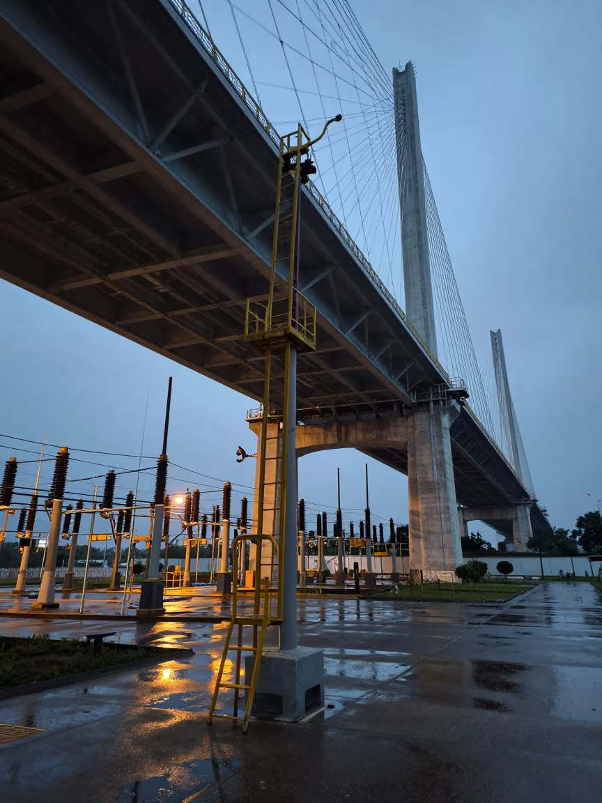 Substation Under Bridge After Rain Twilight in under a cable-stayed bridge span in Fujian