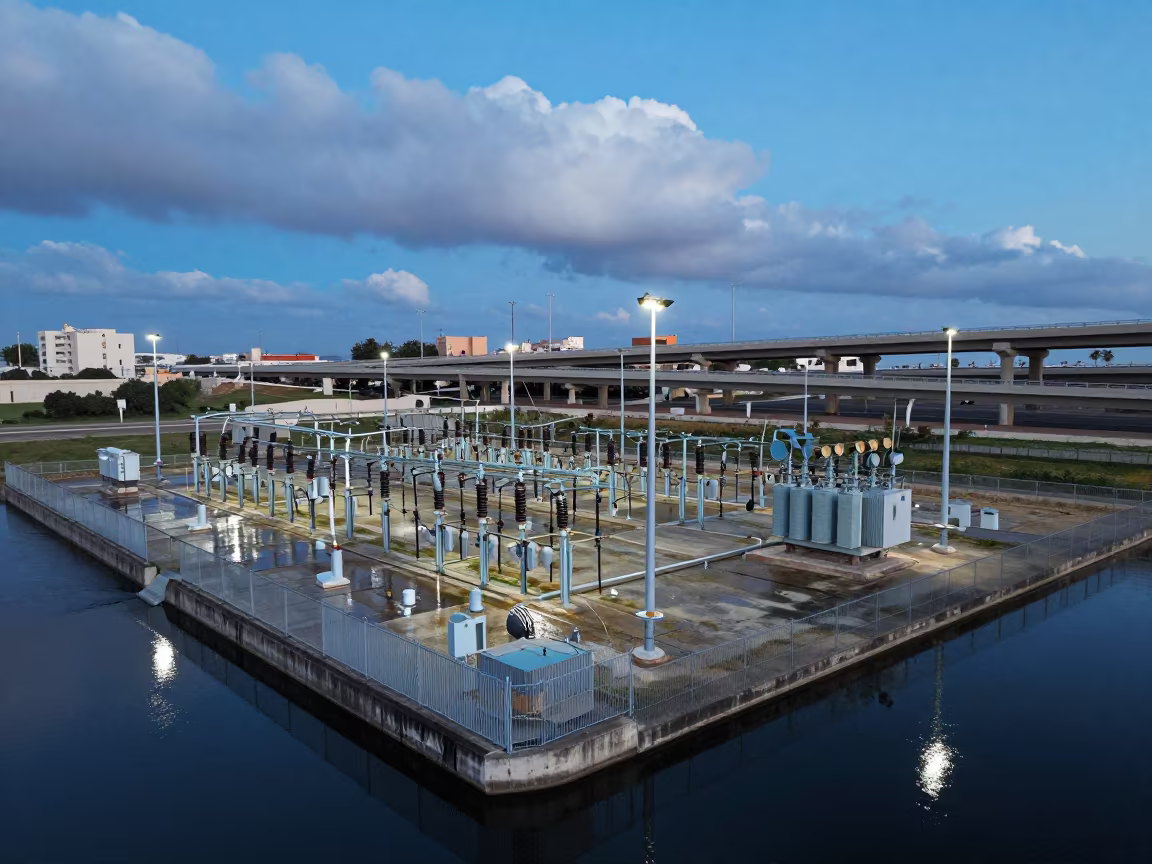 Substation Yard Beside Black Water at Blue Hour in across a windy overpass interchange near Fez el-Jdid, Fez