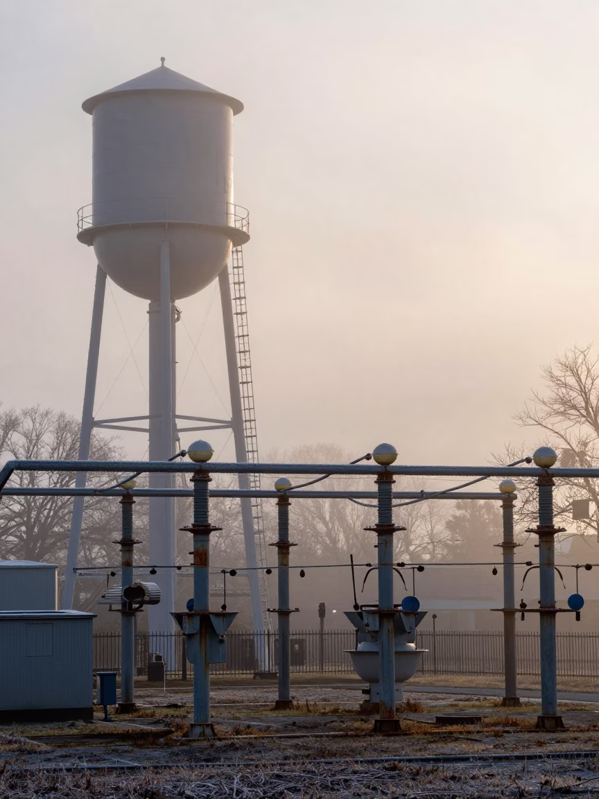 Substation Yard Ladder Under Winter Frost Mist in beside a water tower ladder in Rhode Island