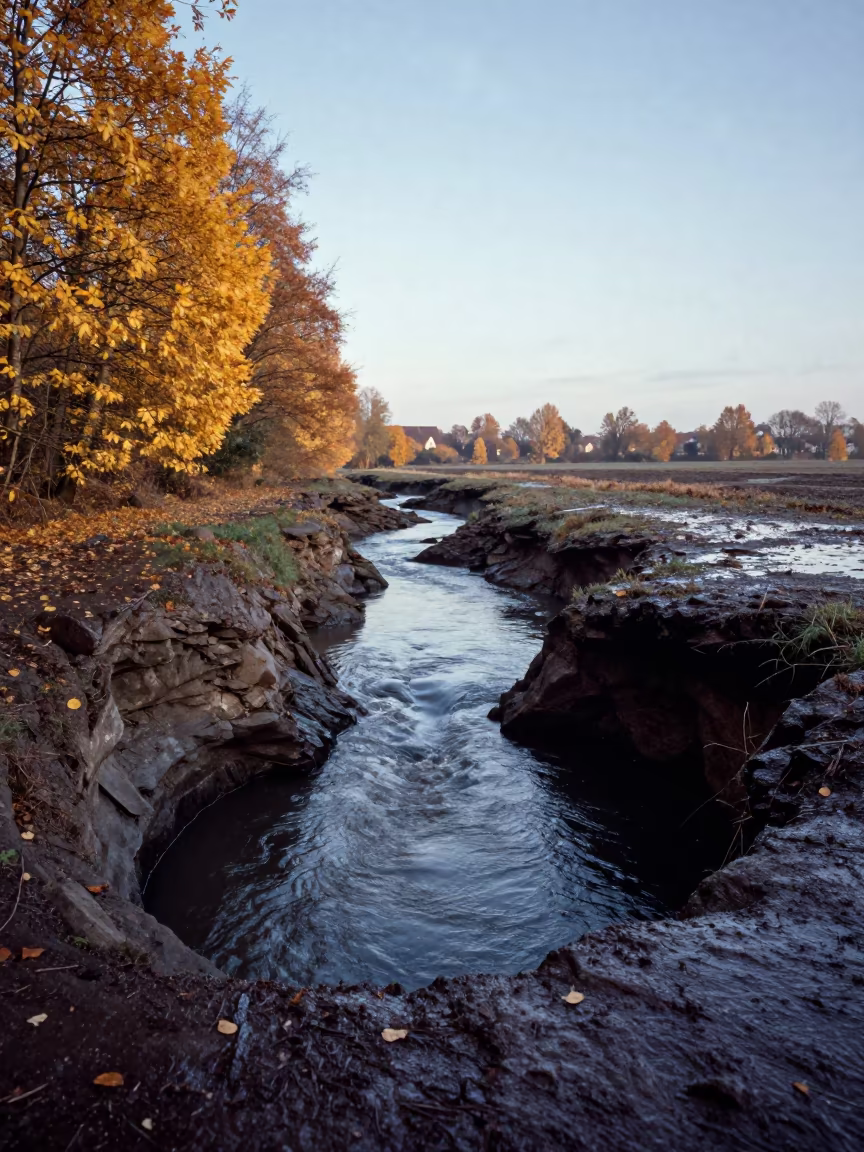 Subterranean River Emerges from Cave at Dawn in across a floodplain after rain near Leipzig