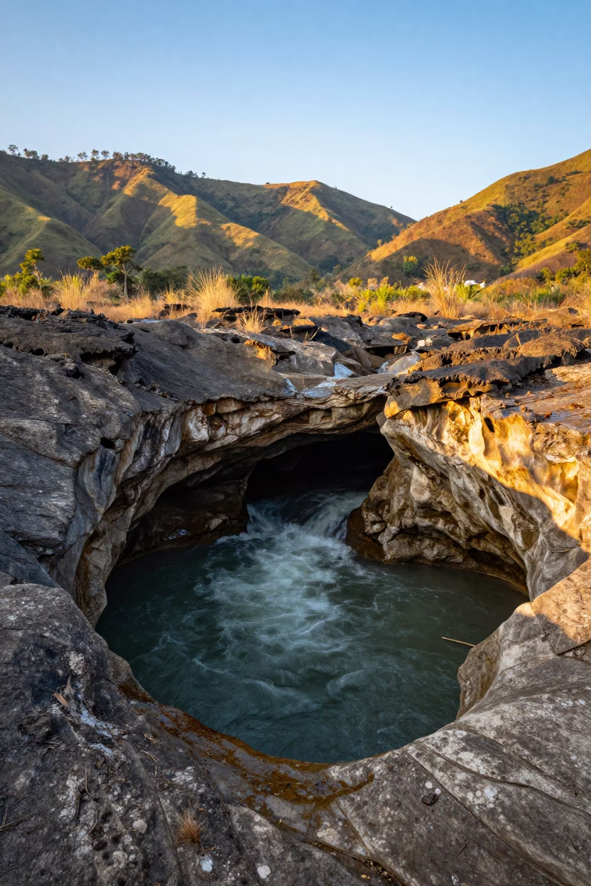Subterranean River Emerging From Cave At Sunrise in from a ridge above layered foothills in Sulawesi