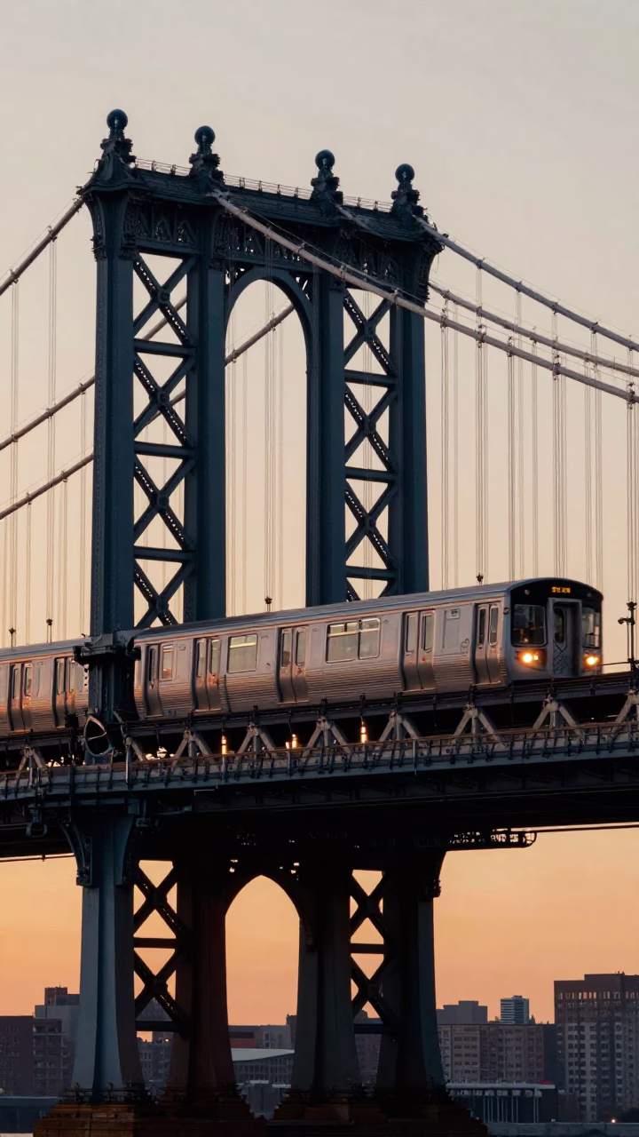 Subway Train Crossing Manhattan Bridge at Sunset with City Skyline Views in in New York, New York, United States