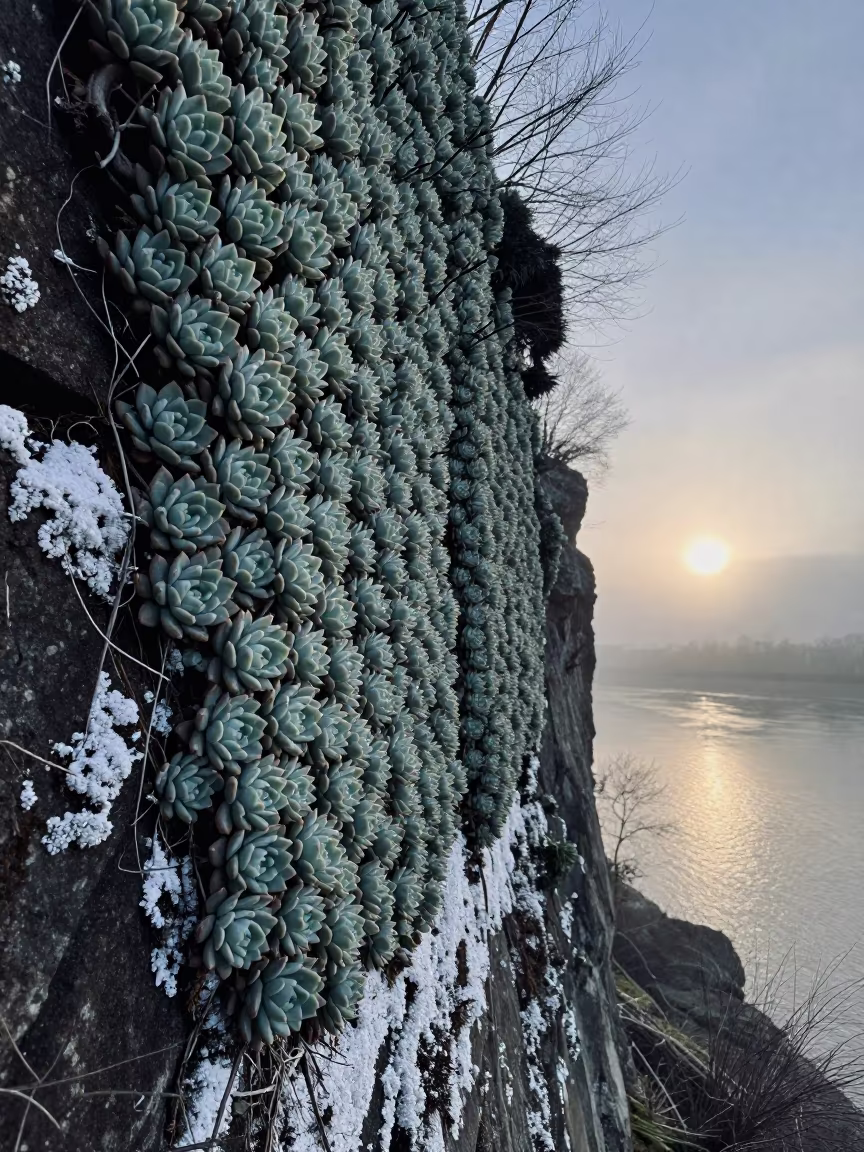 Succulent Living Wall Blue Hour Cliff Edge in along a salt-sprayed cliff edge near Dusseldorf