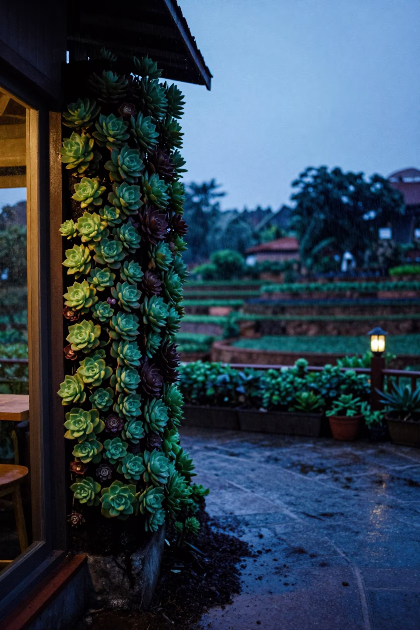 Succulent Living Wall Cafe Vietnam Twilight in among terraced garden plots in Vietnam