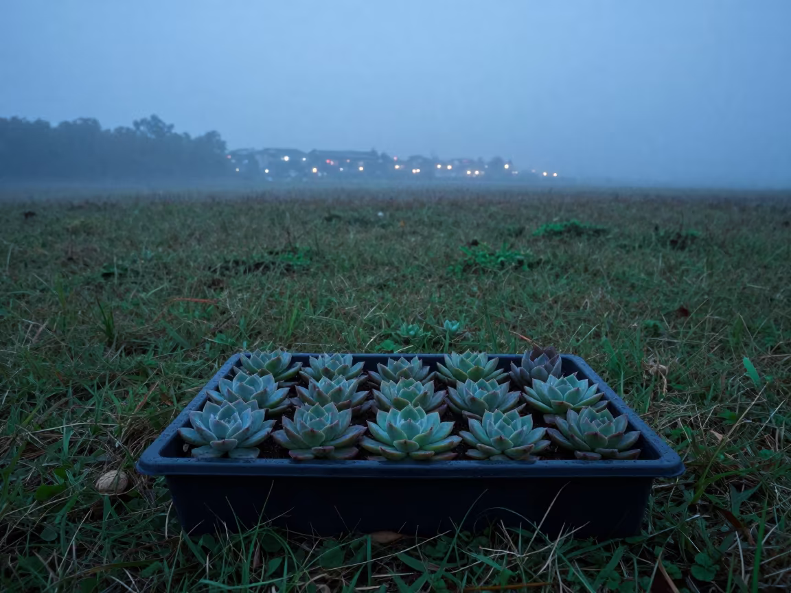 Succulent Tray in Wet Season Haze in in a bloom-heavy meadow near Mangalore