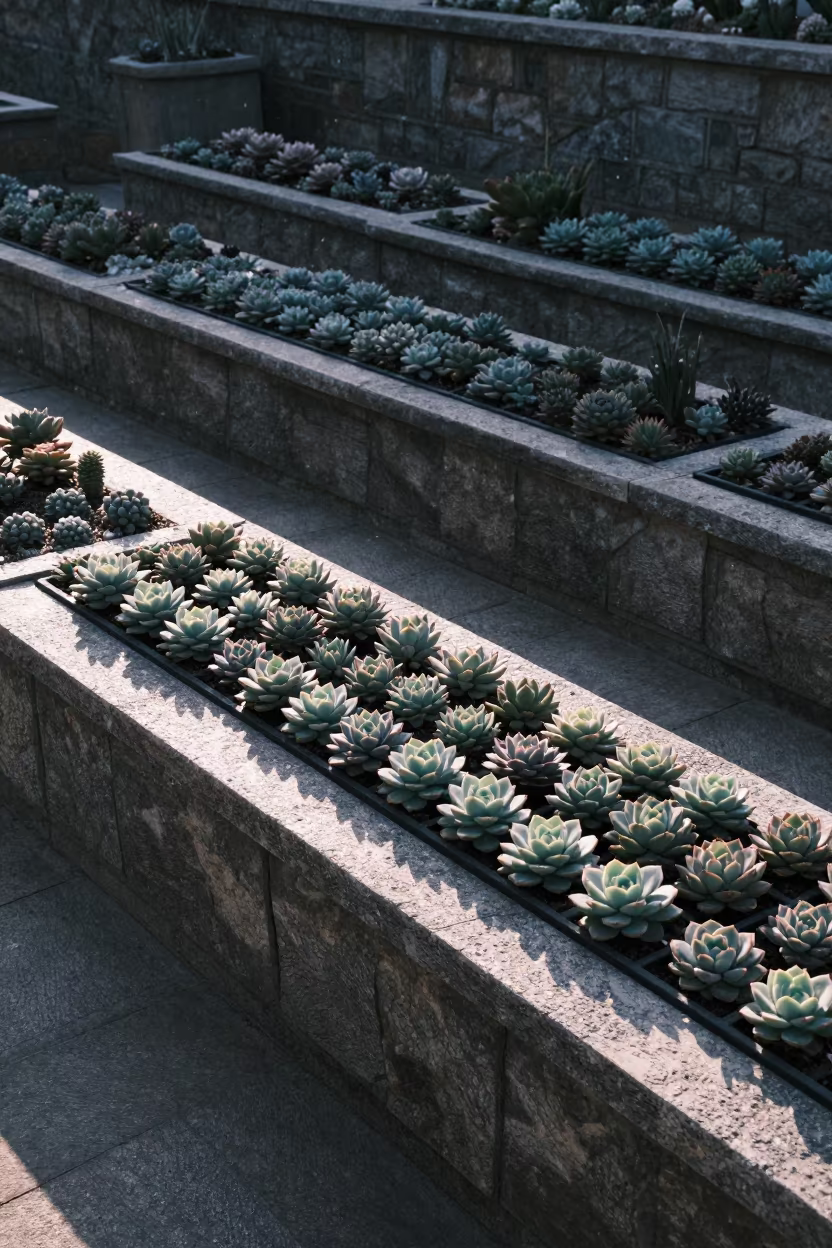 Succulent Tray in Winter Shadow in among terraced garden plots near Dalian