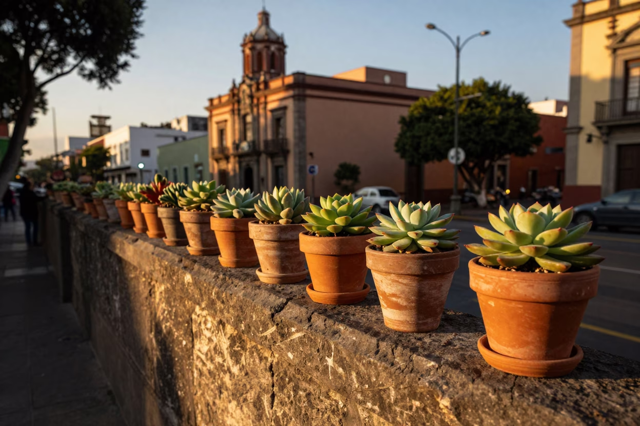 Succulents and Street Life in Honeyed Evening Light Mexico City in in Mexico City, Mexico