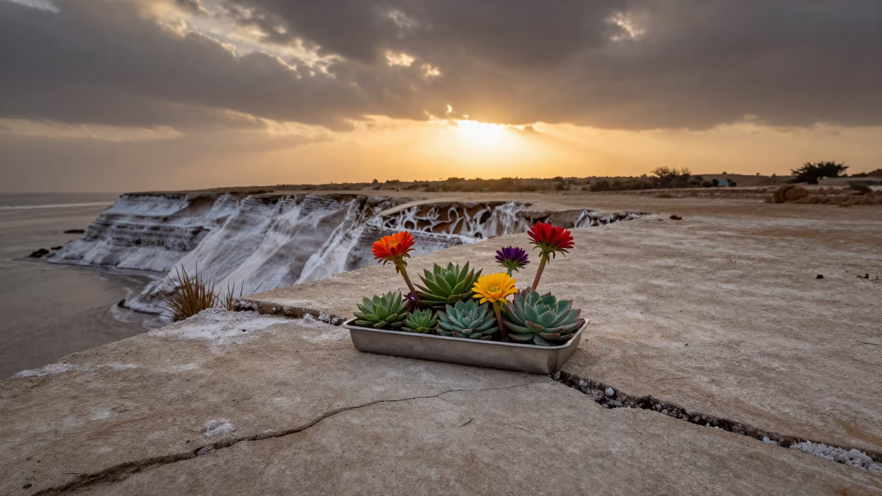 Surreal Succulents Blooming from Concrete in Niger Sunset in along a salt-sprayed cliff edge in Niger