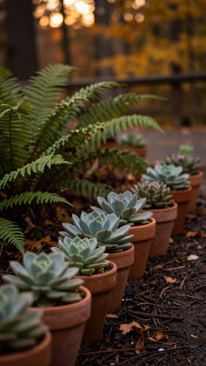 Succulents in Terracotta Pots Amidst Autumn Rain in on a fern-lined forest floor in Rhode Island