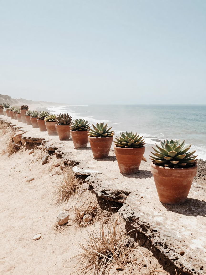 Succulents in Terracotta Pots on Belem Cliff in along a salt-sprayed cliff edge near Belem