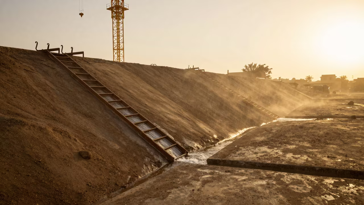 Sudan Crane Site Hook Rack Uphill Water Flow in beneath a tower crane on open ground in Sudan