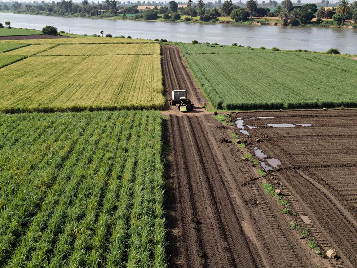 Sudanese Hop Barley Fields River Track in beside a tractor track through dark soil in Sudan