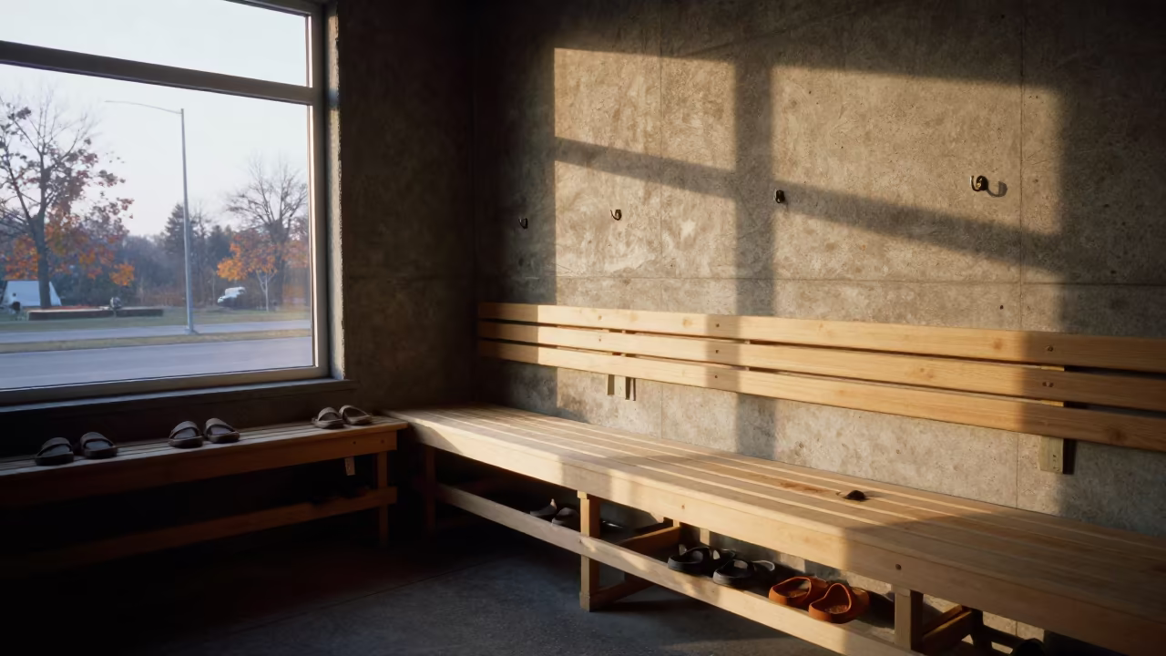 Sudbury Sauna Sandal Rack Morning Light in inside a climbing gym warmup zone in Greater Sudbury