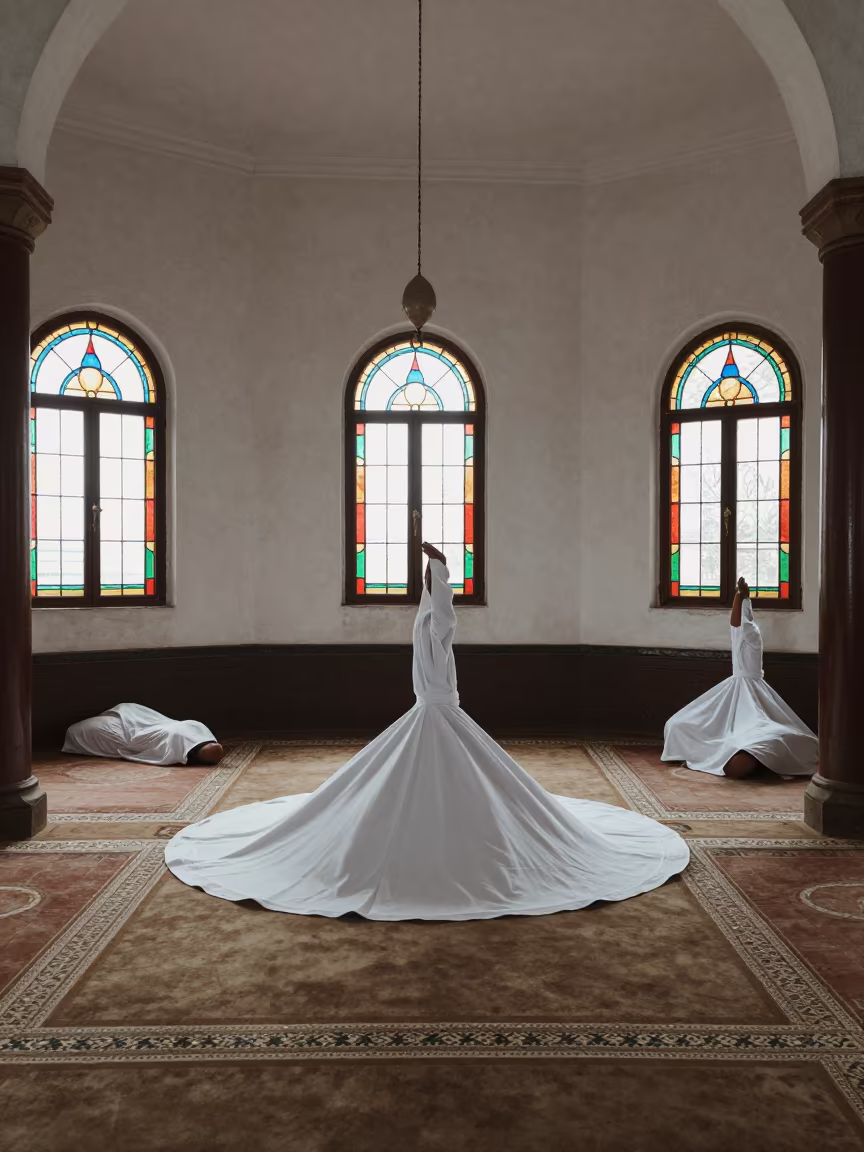 Sufi Lodge Interior with Spinning Dervish Robes in in a chapel lit by stained glass in Nakuru
