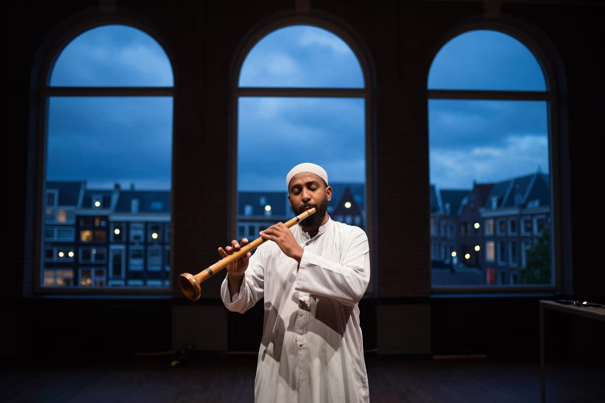 Sufi Musician Plays Ney Flute in Delft Hall in in a concert hall in Delft