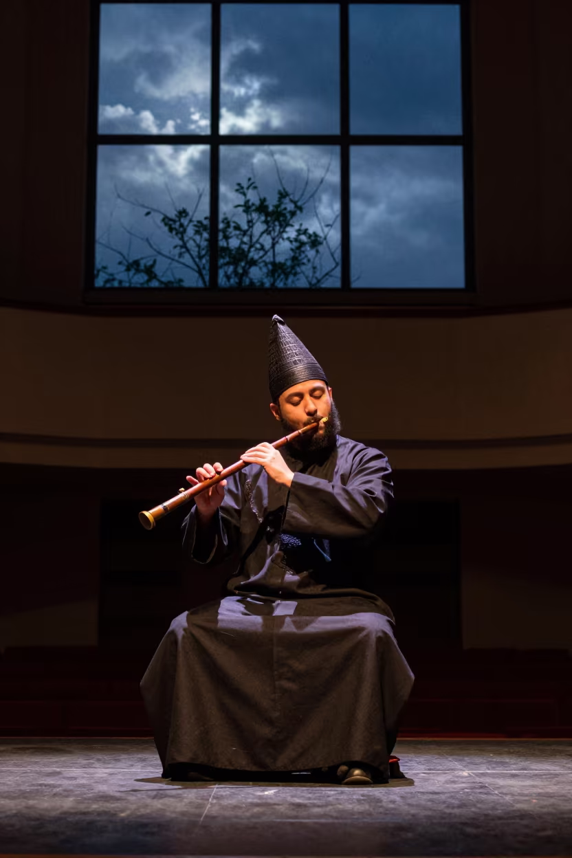 Sufi Musician Plays Ney Flute Hefei Stage Midnight in on a theater stage in Hefei
