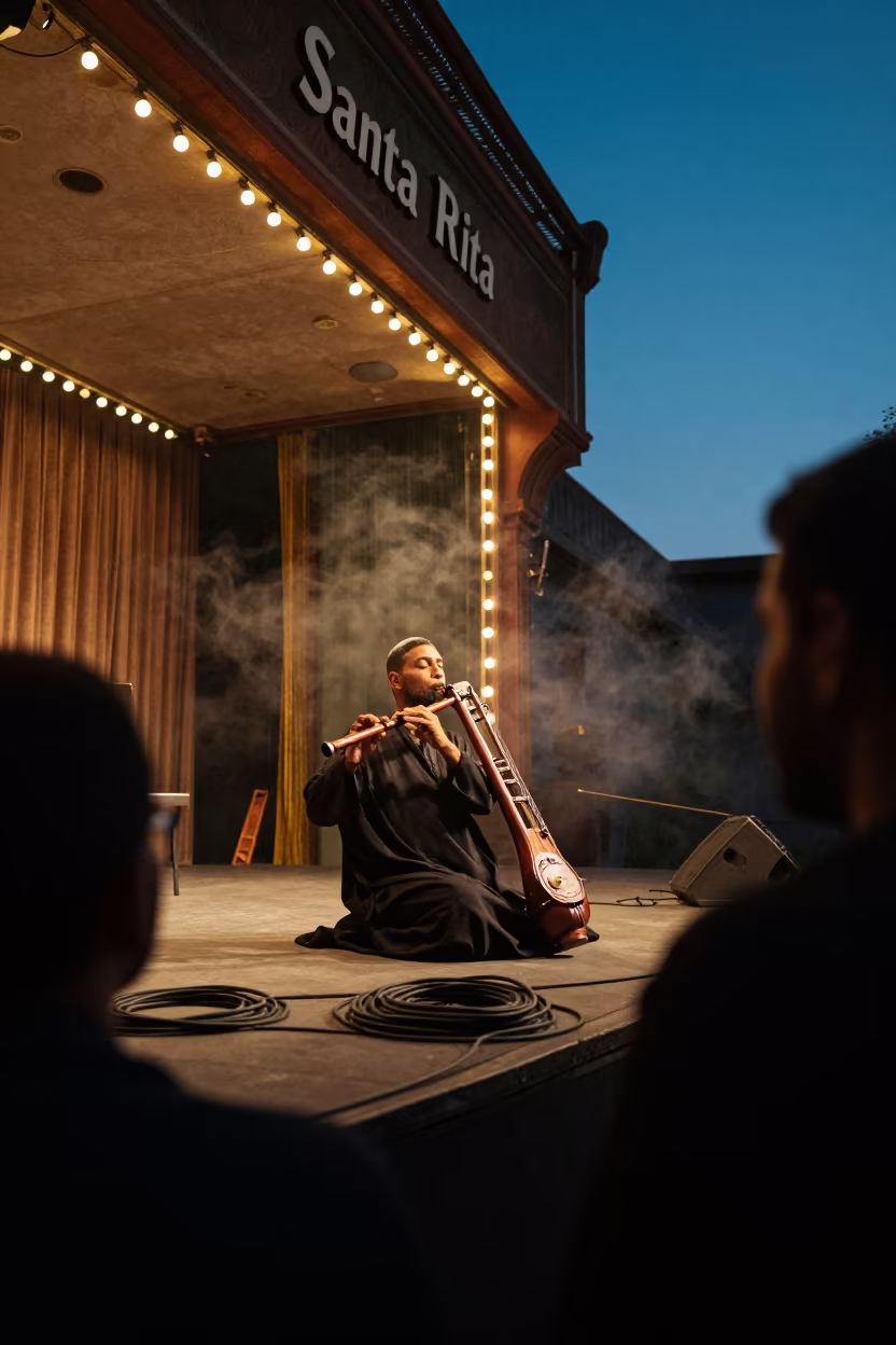Sufi Musician Plays Ney Flute in Santa Rita Stage Twilight in on a theater stage in Santa Rita