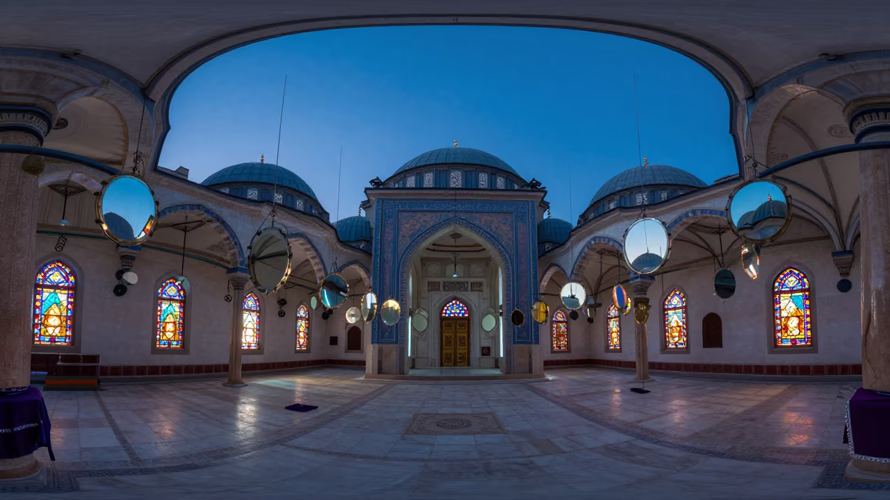 Sufi Shrine Mirrors and Cloth in Napier Chapel in in a chapel lit by stained glass in Napier