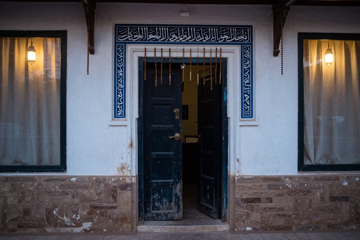 Sufi Tekke Doorway Calligraphy Rosaries Abuja in on a museum plinth near Abuja