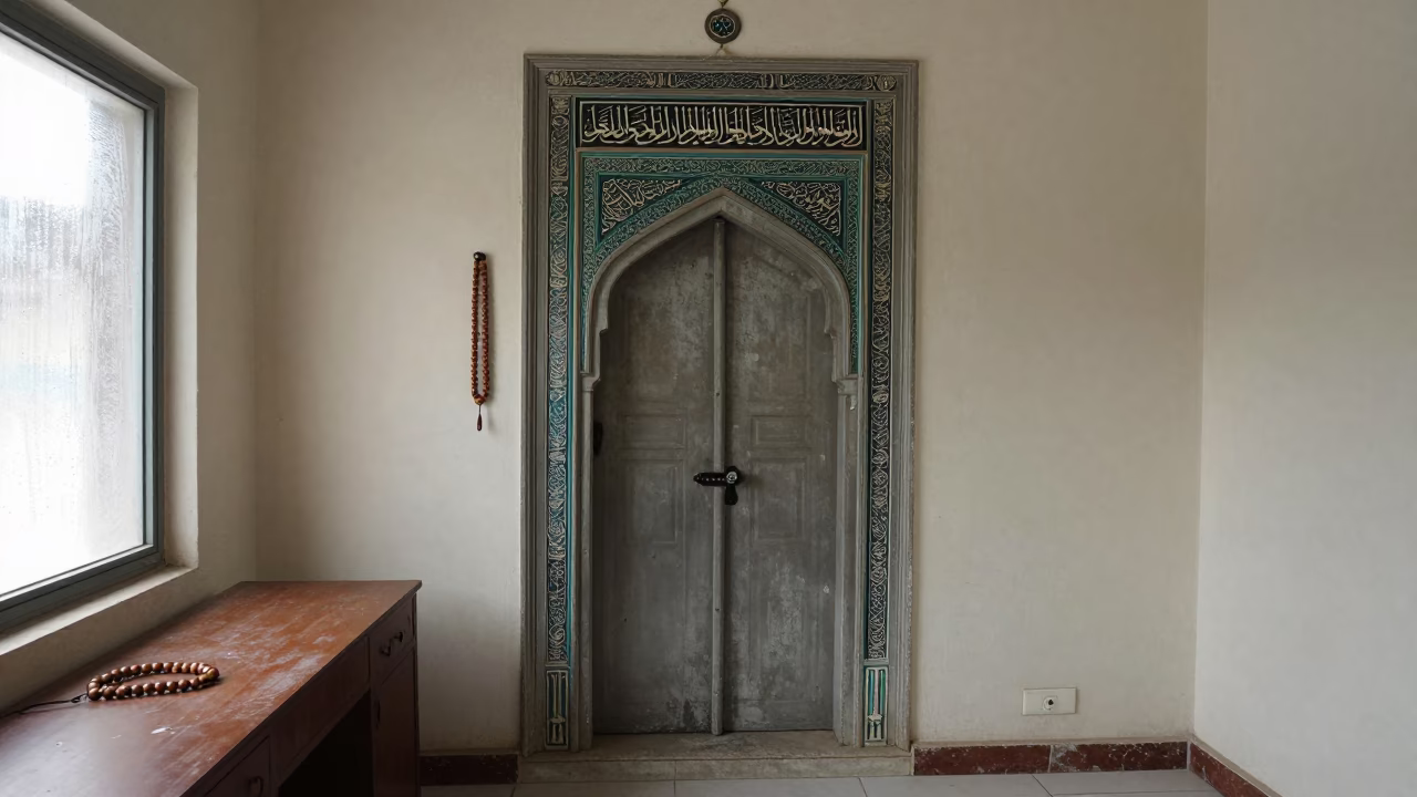 Sufi Tekke Doorway Calligraphy and Rosaries in on a writing desk near Rahim Yar Khan