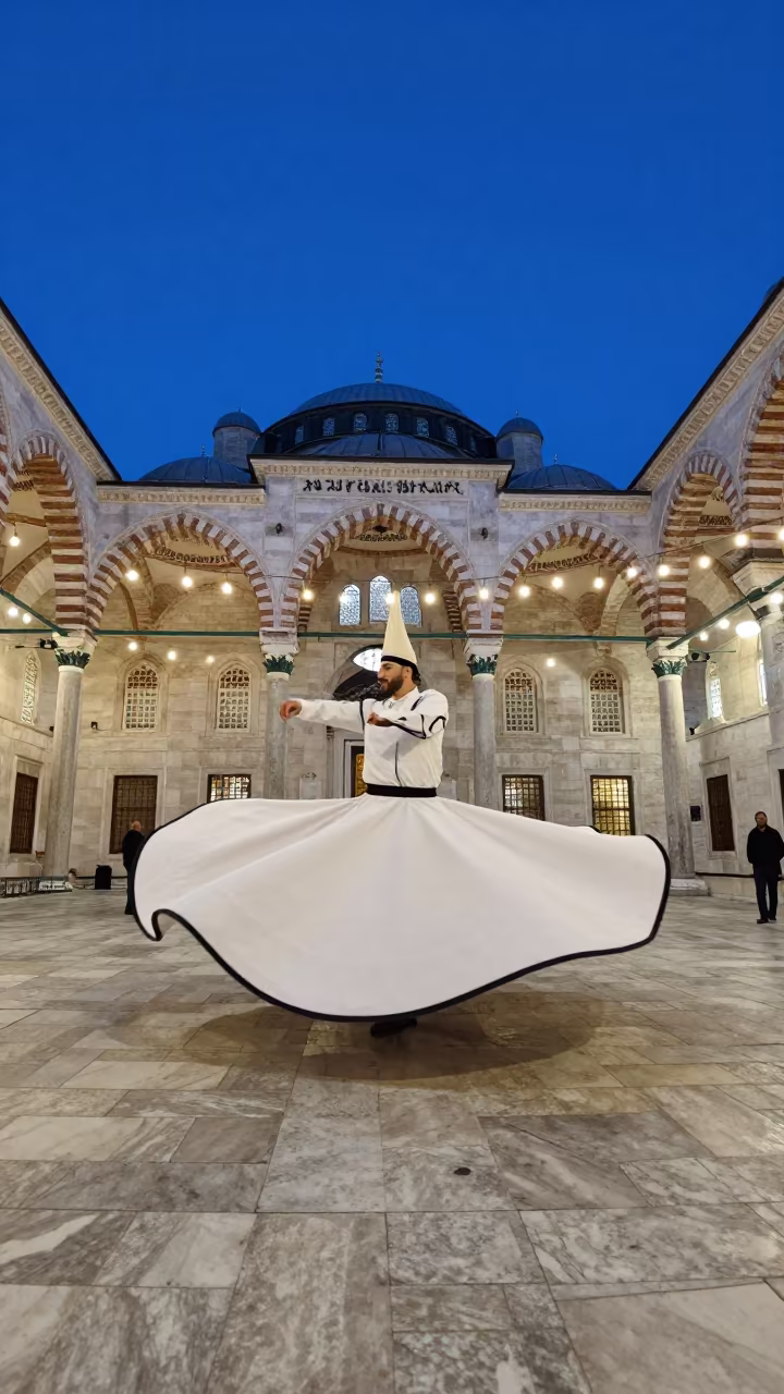 Sufi Whirling Dervish in Blue Evening Light in in a prayer hall near Grand Bazaar, Istanbul