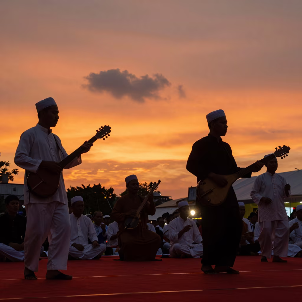 Sufi Zikr Ceremony Silhouette at Sunset in on a festival main stage in Binh Thanh, Ho Chi Minh City